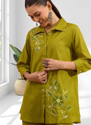 Cotton olive aari work kurta pant for women's 3