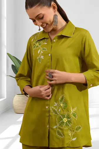 Cotton olive aari work kurta pant for women's