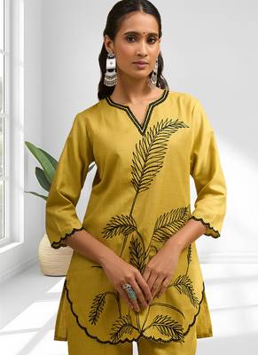 Cotton yellow aari work kurta pant for women's 3