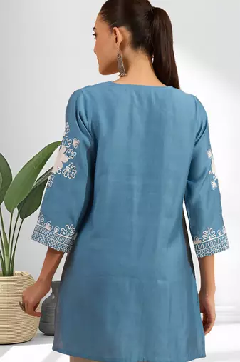 Sky blue vertical silk only top for women's