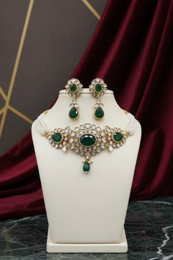 Gold-plated green stone & pearls jewellery set