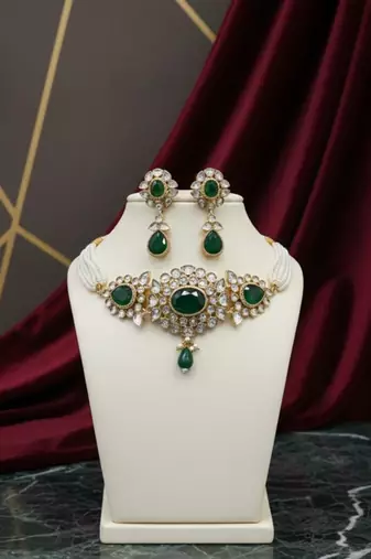 Gold-plated green stone & pearls jewellery set