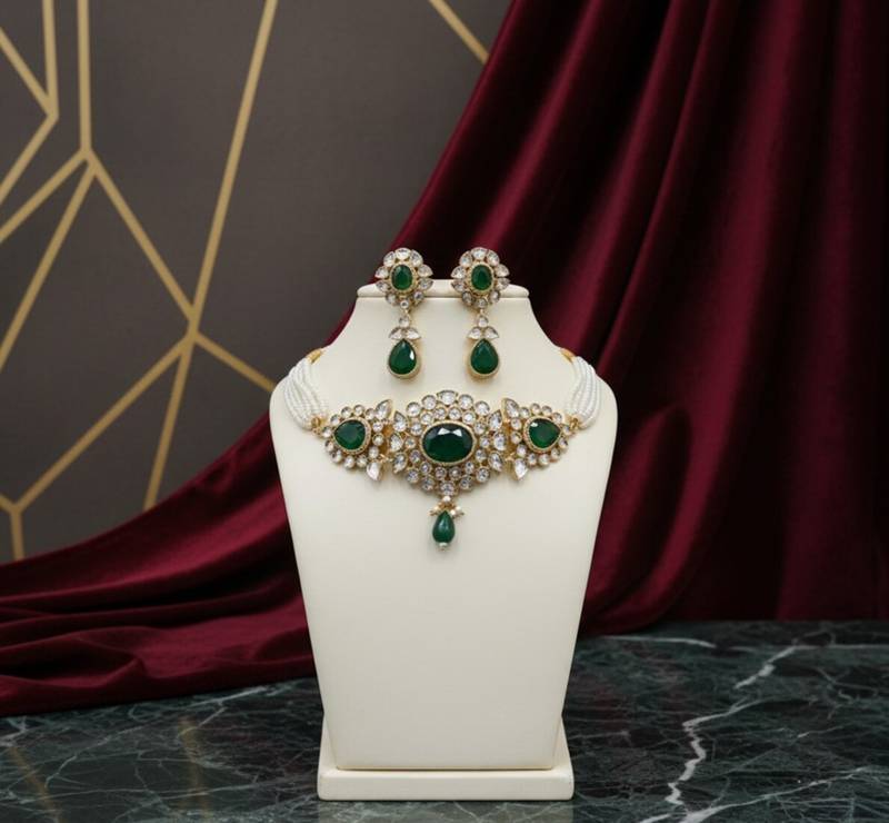 Gold-plated green stone & pearls jewellery set