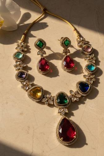 Gold-toned multicolor stone-studded jewellery set