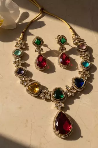 Gold-toned multicolor stone-studded jewellery set