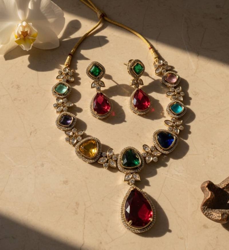 Gold-toned multicolor stone-studded jewellery set