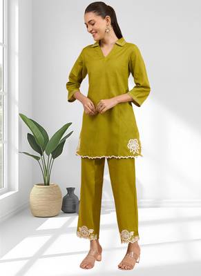 Cotton olive kurta set for women's 3