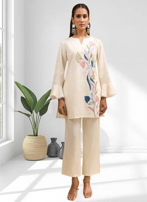 Cream linen kurta with pant for women's 1