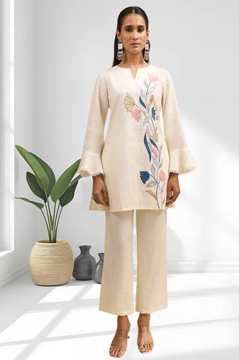 Cream linen kurta with pant for women's