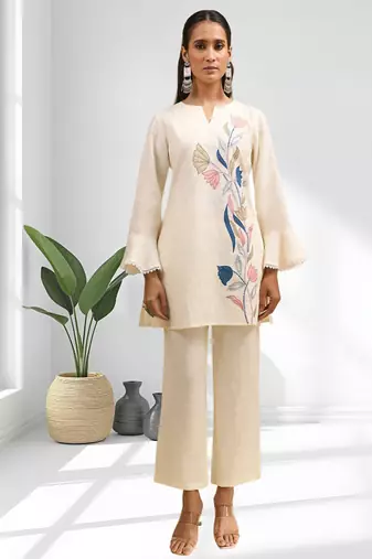 Cream linen kurta with pant for women's