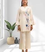 Cream linen kurta with pant for women's