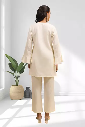 Cream linen kurta with pant for women's