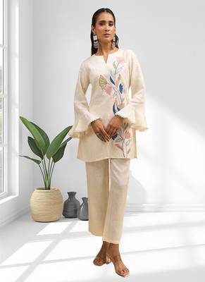 Cream linen kurta with pant for women's 3