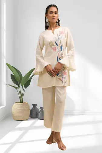 Cream linen kurta with pant for women's