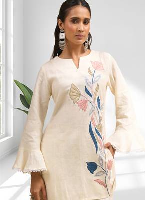 Cream linen kurta with pant for women's 4