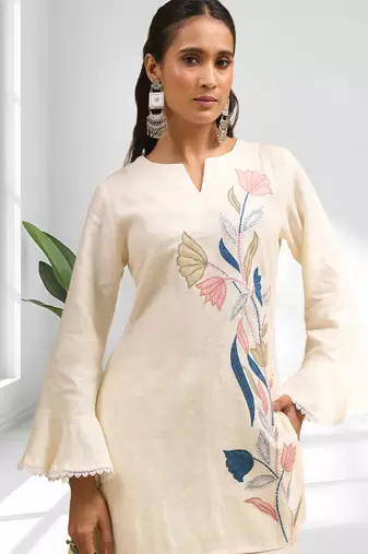 Cream linen kurta with pant for women's
