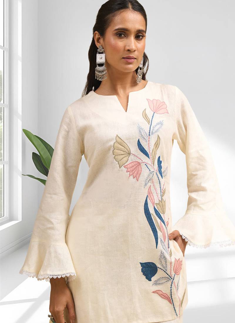 Cream linen kurta with pant for women's