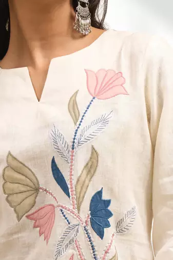 Cream linen kurta with pant for women's