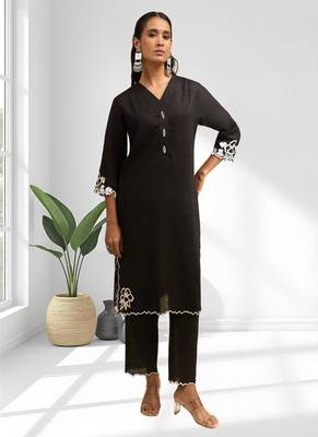 Black linen long kurta with pant for women's 1