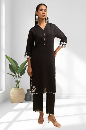 Black linen long kurta with pant for women's