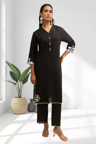 Black linen long kurta with pant for women's