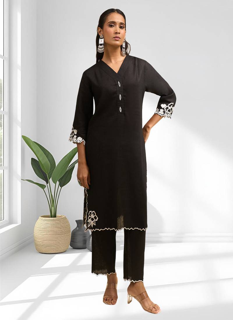 Black linen long kurta with pant for women's