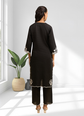 Black linen long kurta with pant for women's 3
