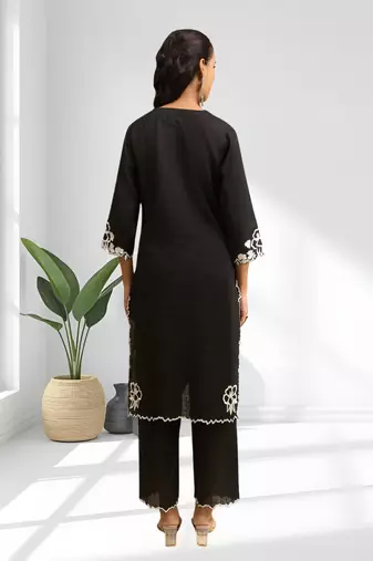 Black linen long kurta with pant for women's