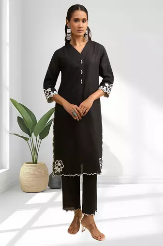 Black linen long kurta with pant for women's
