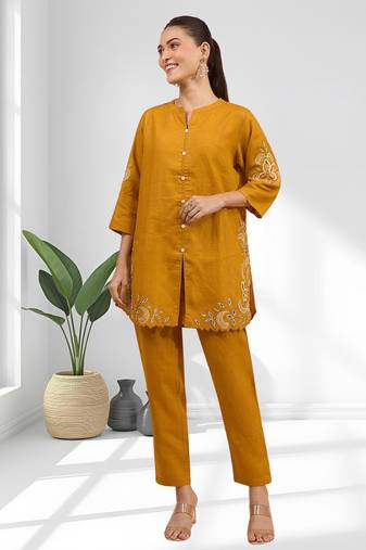 Orange cotton linen kurta with pant for women's