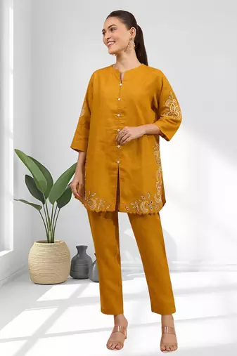 Orange cotton linen kurta with pant for women's