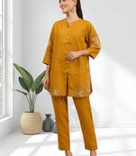 Orange cotton linen kurta with pant for women's