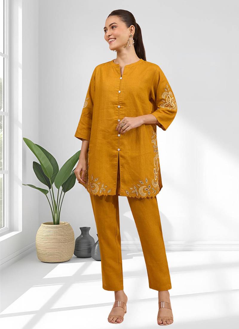 Orange cotton linen kurta with pant for women's
