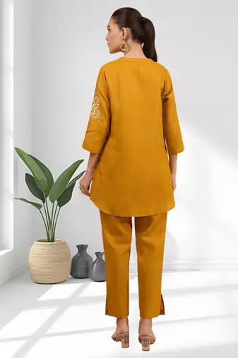 Orange cotton linen kurta with pant for women's