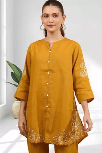 Orange cotton linen kurta with pant for women's