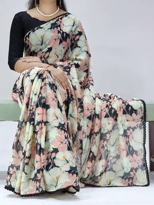 black floral printed georgette saree with lace border	 1