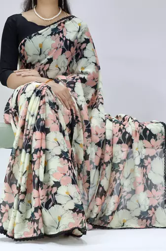 black floral georgette saree with lace-unstitched