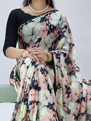 black floral printed georgette saree with lace border	 2