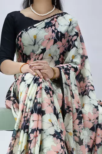 black floral printed georgette saree with lace border	