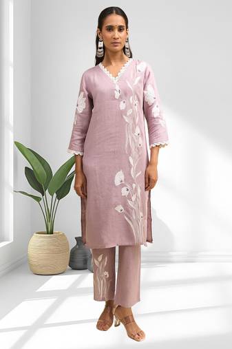 Pink cotton linen long kurta with pant for women's