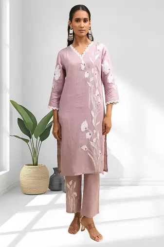 Pink cotton linen long kurta with pant for women's