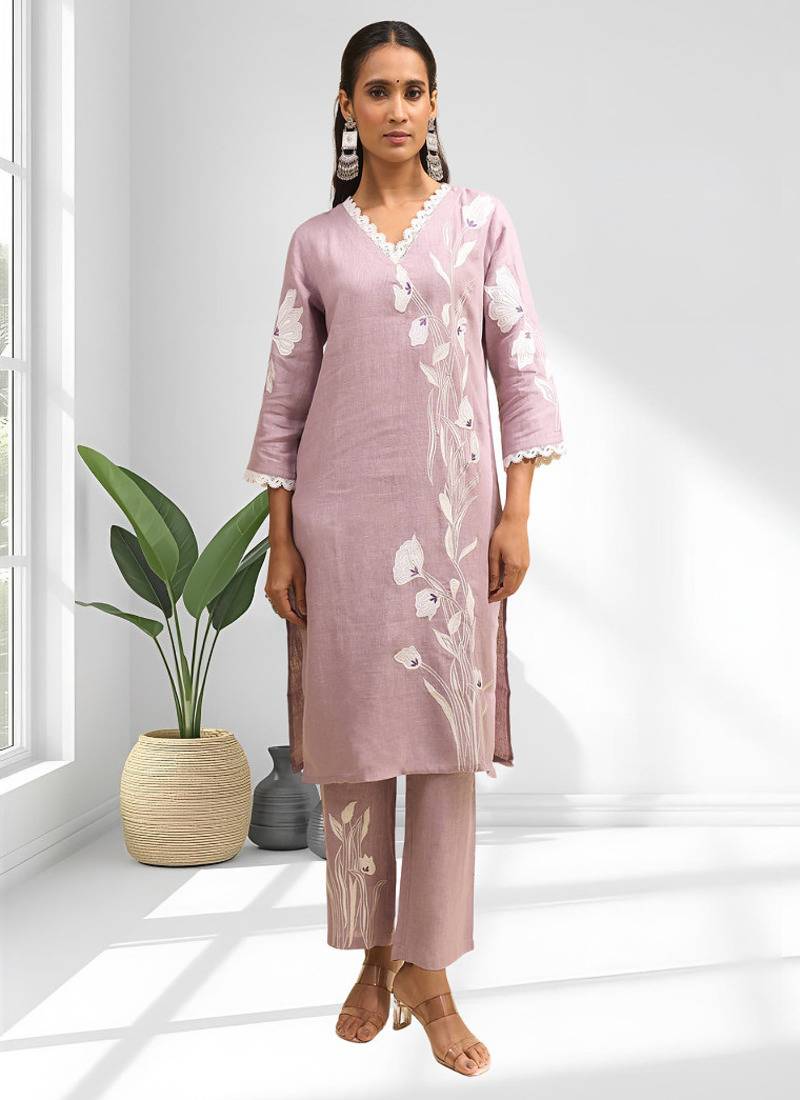 Pink cotton linen long kurta with pant for women's