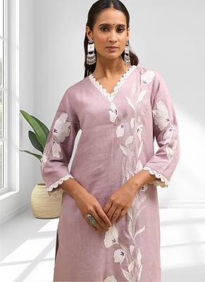 Pink cotton linen long kurta with pant for women's 3
