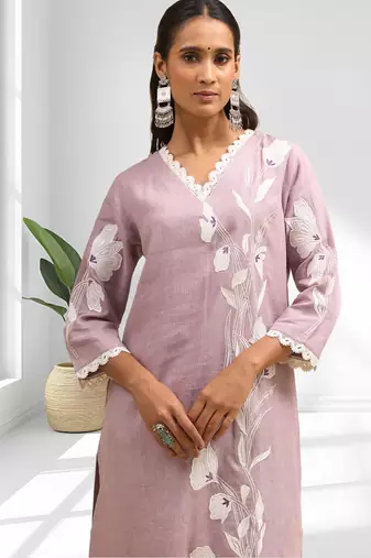 Pink cotton linen long kurta with pant for women's