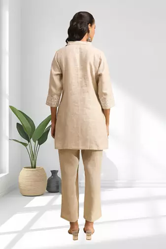 Cotton linen beige kurta with pant for women's