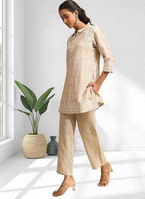 Cotton linen beige kurta with pant for women's 3