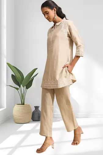 Cotton linen beige kurta with pant for women's