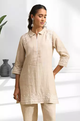 Cotton linen beige kurta with pant for women's
