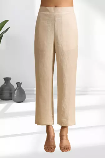 Cotton linen beige kurta with pant for women's