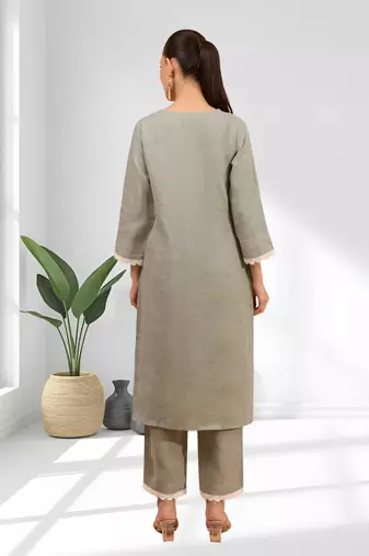 Grey linen long kurta with pant for women's